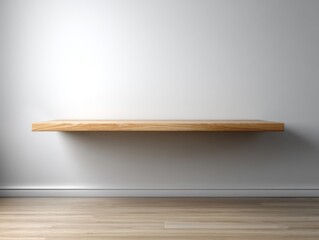 A minimalist, light-toned wooden shelf is mounted against a neutral-colored wall, showcasing a clean and contemporary design.