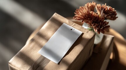 Delivery packages and a flower arrangement on a table in a bright indoor space