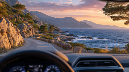 Coastal drive at golden hour, view through windshield shows shimmering sea to the left, road hugging rocky cliffs, pink-orange sky blending with mountain silhouettes