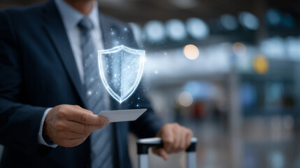 Business traveler holding suitcase and boarding pass, digital shield hologram projected over airplane window in departure lounge, representing insured safety
