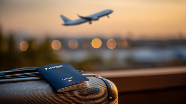 Close-up of a passport and travel insurance documents resting on a suitcase, airplane taking off in the blurred background under a golden sky