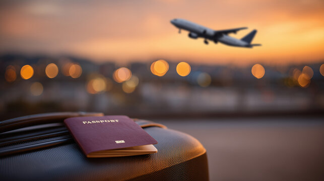 Close-up of a passport and travel insurance documents resting on a suitcase, airplane taking off in the blurred background under a golden sky