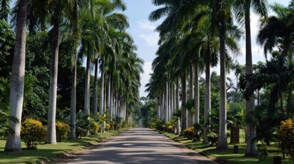Obraz premium Palm tree lined pathway in garden
