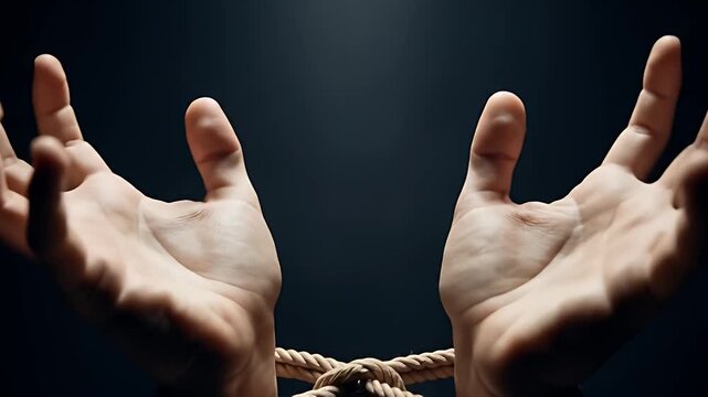 Two fair-skinned hands bound together at the wrists by a thick, light brown rope, are raised against a dark background, illuminated from above
