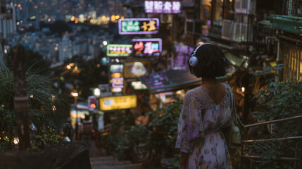 Obraz premium Young female traveler with headphones walking past stacked signboards in kanji, alley bustling with locals, saturated neon glow contrasting with dark shadows