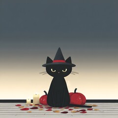 Charming Black Cat in Witch Hat: Whimsical Halloween Decoration with Pumpkin and Autumn Leaves in Cartoon Style