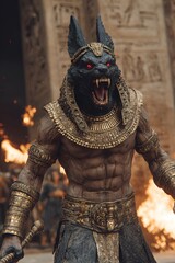 Fototapeta premium Anubis: The Mythical God of Ancient Egypt in a Fierce and Powerful Stance with Cinematic Fantasy Elements