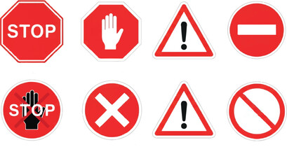 Collection of Red and White Warning Signs | Stop, Do Not Enter, Caution and Prohibition Signs for Safety Manuals, Road Safety Guides and Infographics