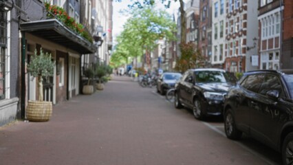 Out-of-focus amsterdam street scene with blurred buildings and parked cars under green trees in a bokeh effect, showcasing urban life in the netherlands.