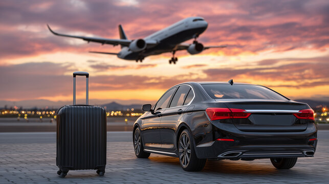 Elegant transportation scene, black luxury sedan near rolling suitcase, airplane in motion on runway, sky painted with sunset pinks and oranges, reflecting on polished surfaces