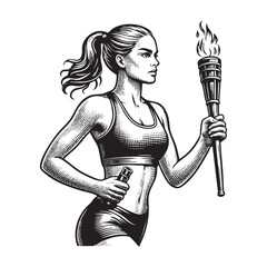 Man athlete holding torch while running	in Engraving Style