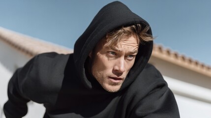 Male athletic runner in hoodie sprinting outdoors against clear blue sky