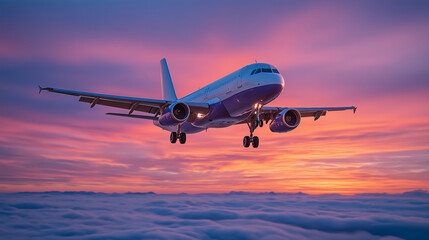 Fototapeta premium Airplane flying across fiery sunset sky, gentle clouds beneath, passengers inside feeling thrill of upcoming journey, concept of vacation and tourism