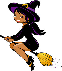 Beautiful Halloween witch with magical broom flying in the sky. Cartoon trick or treat woman with spooky witch costume for Halloween party. Vector illustration