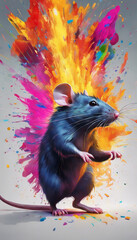 Colorful fantasy mouse with paint explosion – surreal animal portrait