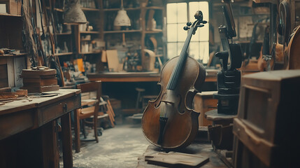 Craftsmanship in a Luthier's Workshop: A Cello Amidst Tools and Wood