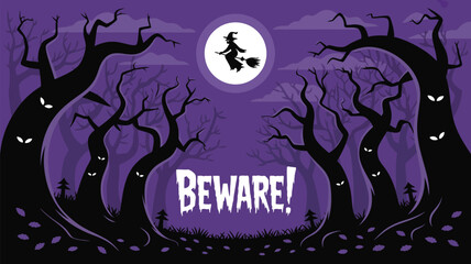 A halloween scene with a witch flying on a broomstick in front of a full moon and spooky trees saying beware