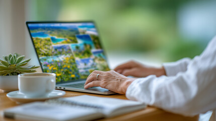 Close-up of laptop screen displaying colorful tropical vacation images, person scrolling with one hand, wooden desk adorned with coffee cup, succulent, and notebook