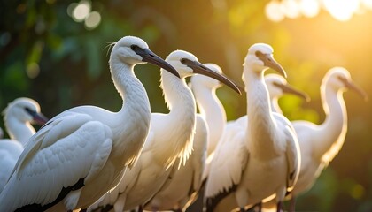 Group of white birds in sunlight