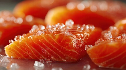 Fresh salmon fillets with coarse salt resting on a surface ready for cooking or preparation
