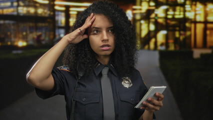 Young hispanic police officer takes notes with pen and notepad while touching her temple on street...