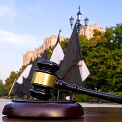 Judge's gavel in a park setting