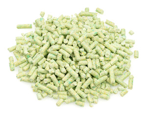 green tea animal litter isolated white background. tofu animal filler. close up. top view