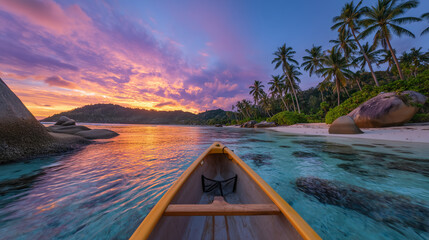 Tropical island adventure, traveler photographing palm-fringed beaches and crystal-clear waters, canoe in foreground, vibrant sunset colors reflecting on sea