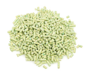 green tea animal litter isolated white background. tofu animal filler. close up. top view