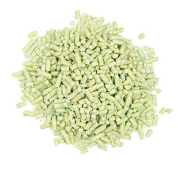 green tea animal litter isolated white background. tofu animal filler. close up. top view
