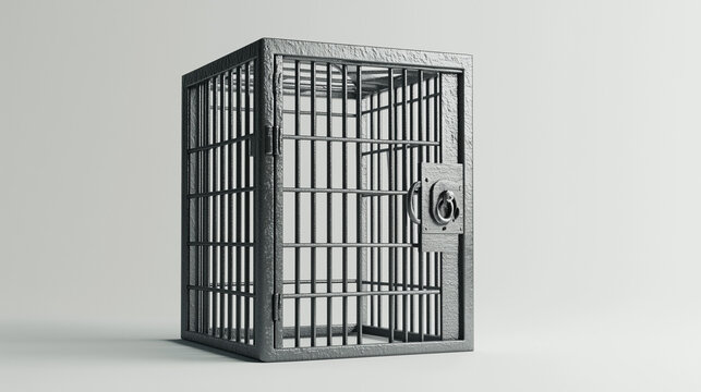 Metal prison cell with open door on neutral background  