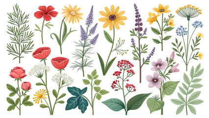 Obraz premium Diverse botanical illustrations featuring colorful blooms and foliage isolated on a transparent background