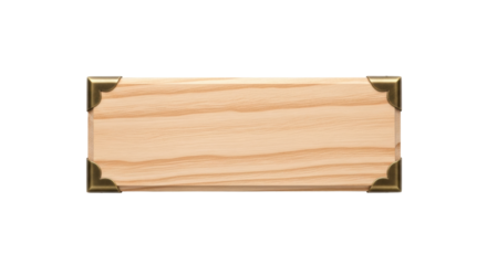 Blank horizontal wooden plaque with natural wood grain and antique brass corners, isolated on a transparent background with copy space, concept for vintage label or rustic sign