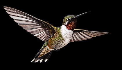 Obraz premium Vibrant hummingbird in flight against a black background. Detailed plumage