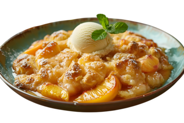 Peach Cream Scoop Vanilla Ice Rustic Gourmet Food Photography Isolated Transparent Background Plate Cobbler Social Media Poster Banner Marketing Ecommerce Web Print Copy Space Template B SEO Optimized