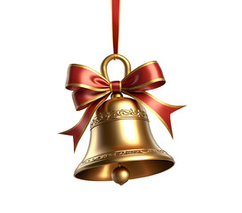 golden Christmas bell with ribbon bow, isolated on transparent background 