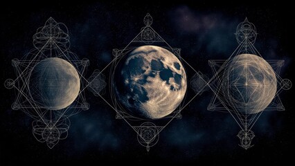 Three moons aligning in space creating sacred geometry and celestial harmony
