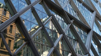 Faceted glass building fa&ccedil;ade with mirrored reflections of adjacent structures