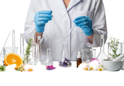 Scientist, pipette, liquid to flask with lavender. Natural ingredients, lab glassware on reflective white surface, white background. Organic herbal research concept