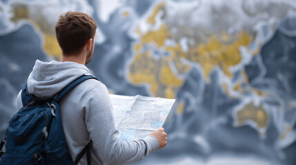 Casual student with backpack examining a detailed world map, map highlighted with countries offering study programs, international mobility and adventure concept