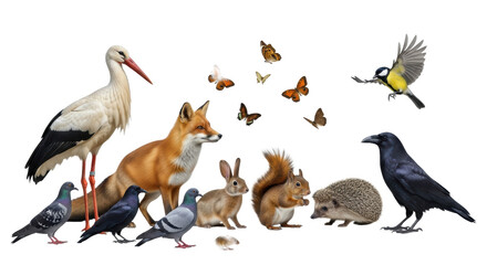 Obraz premium Arranged diverse European wildlife: stork, fox, rabbit, and flying birds, on a white studio background with copy space, concept of nature diversity and coexistence.