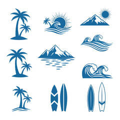 A collection of blue vector icons featuring palm trees ocean waves mountains and surfboards for summer themes. © Alisya Design