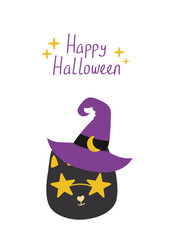 Halloween poster vector – cute cat in witch hat with “Happy Halloween” text and star accents, perfect for greeting cards, stationery, and seasonal printables.