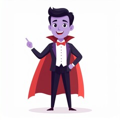 A young man dressed in a vampire costume pointing, his charming smile adds to the playful mood of the scene
