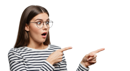 Young caucasian woman, long brown hair, round spectacles, striped shirt, wide eyes, agape mouth, pointing right on transparent studio background with copy space, dramatic moment of intense surprise