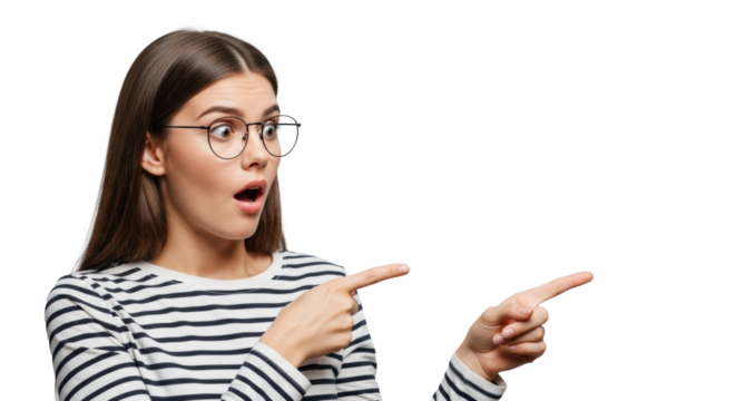 Young caucasian woman, long brown hair, round spectacles, striped shirt, wide eyes, agape mouth, pointing right on transparent studio background with copy space, dramatic moment of intense surprise
