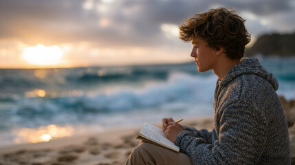 Fototapeta premium Young traveler sitting on beach sand, journaling adventures in notebook, ocean waves and footprints in background, sun setting, creating warm reflective mood