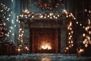Obraz premium Cinematic Christmas scene with soft bokeh lights, snow falling in front of decorated fireplace, center space left for text