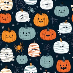 Whimsical Halloween Pumpkins: Cute Cartoon Designs and Festive Patterns in Vibrant Colors for a Cozy Autumn Atmosphere