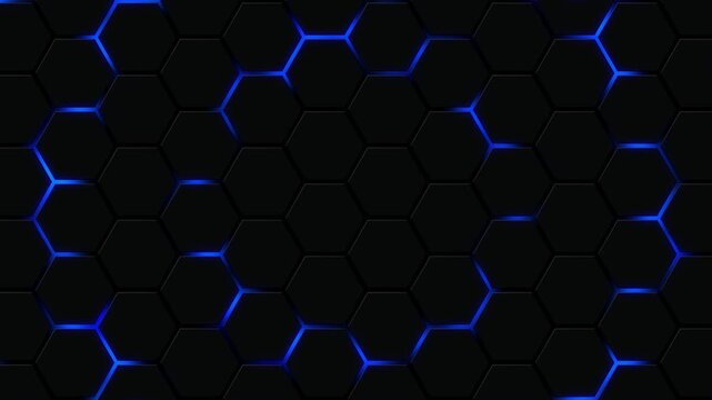 Blue glow hexagon black background. Abstract futuristi surface pattern black, honeycomb with offset effect. Blue abstract glowing sci-fi background. Hexagonal wall geometric pattern i looped